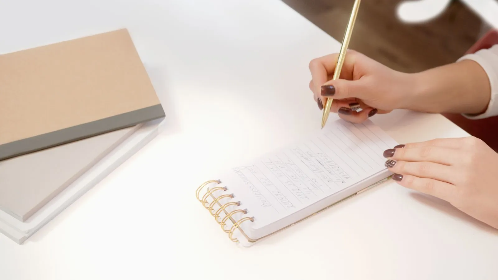 Person writing with a pencil in a spiral notebook at a desk.