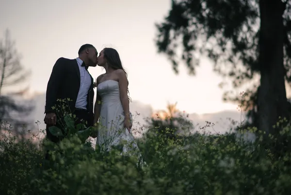 Couple in wedding attire standing close together under trees late in the day.