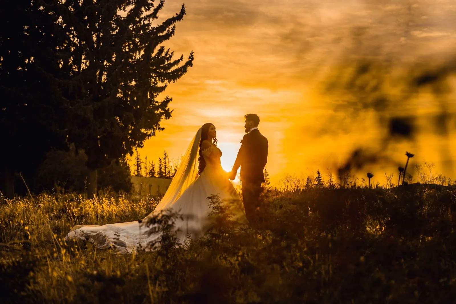 Couple in wedding attire facing each other in a field at sunset.